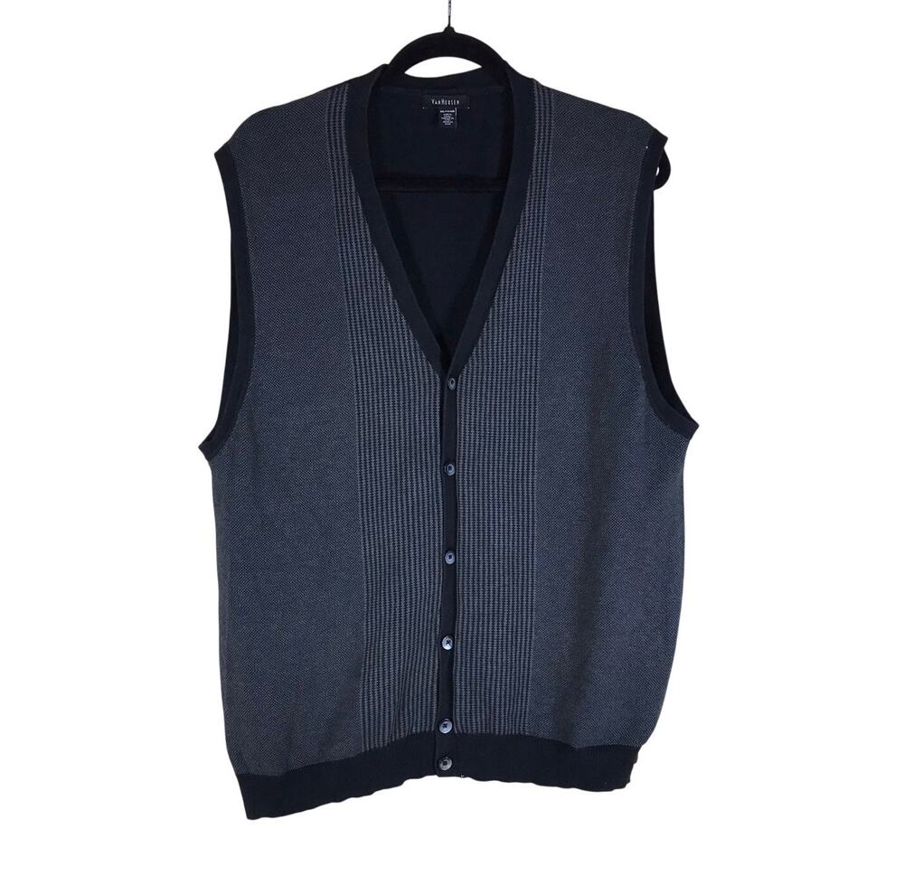 Van Heusen Sweater Vest Men’s XXL Gray Black V Neck Button Front Cotton Preppy